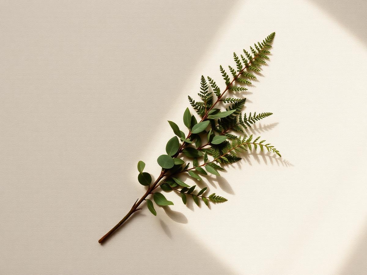 Eucalyptus and fern sprig resting on cream linen